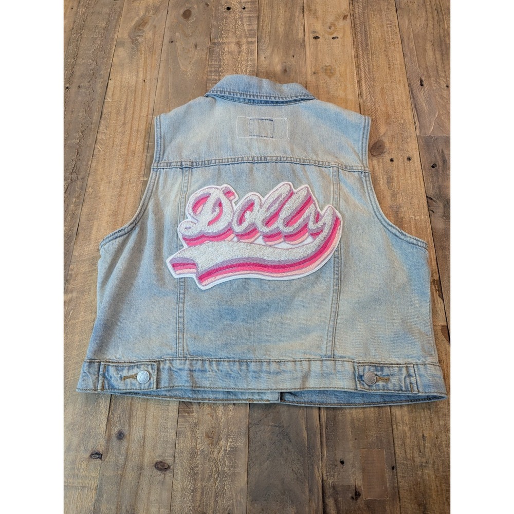 Old Navy Denim Vest Dolly Embroidered Light Wash with Pockets Womens Large